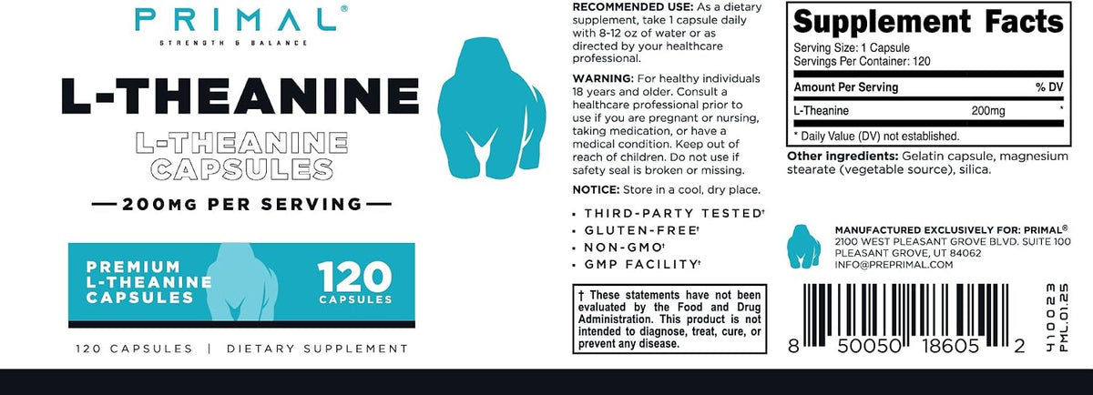 Primal L-Theanine Capsules - 200mg, 120 Capsules - Non-GMO, Gluten-free, Natural Amino Acid for Calm Focus - görsel 5