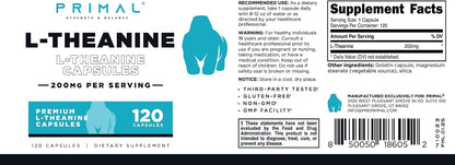 Primal L-Theanine Capsules - 200mg, 120 Capsules - Non-GMO, Gluten-free, Natural Amino Acid for Calm Focus
