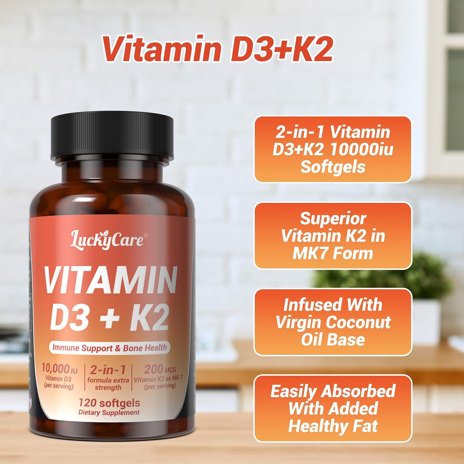 Vitamin D3 and K2 10,000 IU Plus K2 (MK-7) 200 mcg – 240 Coconut Oil Soft gel capsules - görsel 6