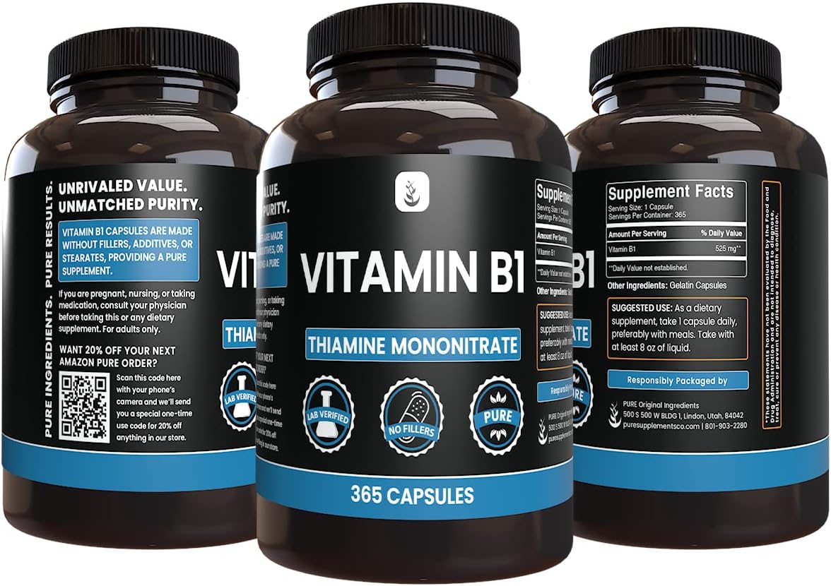 PURE ORIGINAL INGREDIENTS Vitamin B1 (Thiamine Mononitrate) (365 Capsules) No Magnesium or Rice Fillers, Always Pure, Laboratory Verified - görsel 4