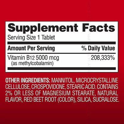 Members Mark Vitamin B12 (300 Count) Quick Dissolve Tablets, 5000 mcg – Cherry Flavour Methylcobalamin for Energy & Nervous System Support – USP Verified