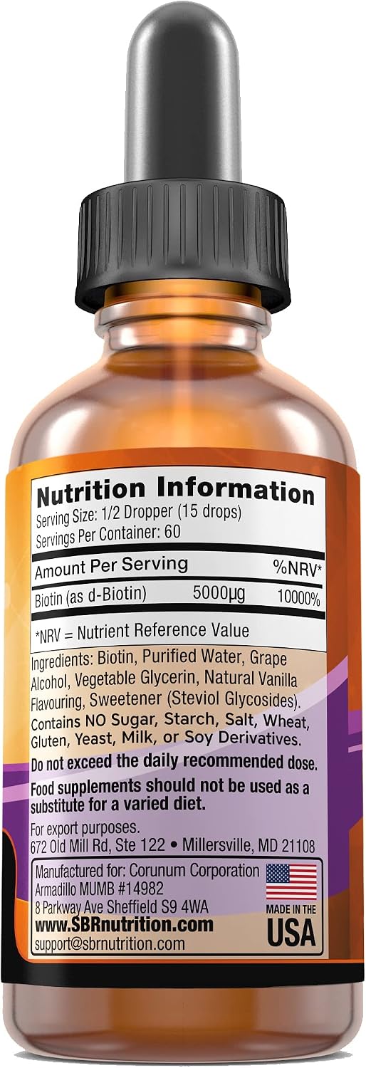 SBR Nutrition Biotin Liquid Drops, 5000 mcg, Vanilla, 30 ml - görsel 2