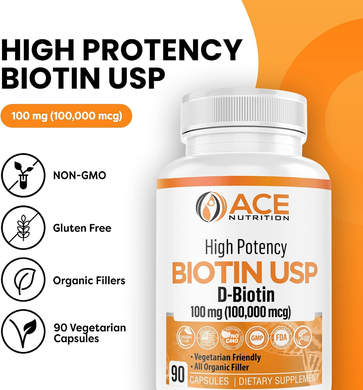 Ace Nutrition High Potency Biotin 100,000 mcg – D-Biotin USP, Vegetarian Capsules for Hair, Skin and Myelin Health – 90 Count - görsel 2