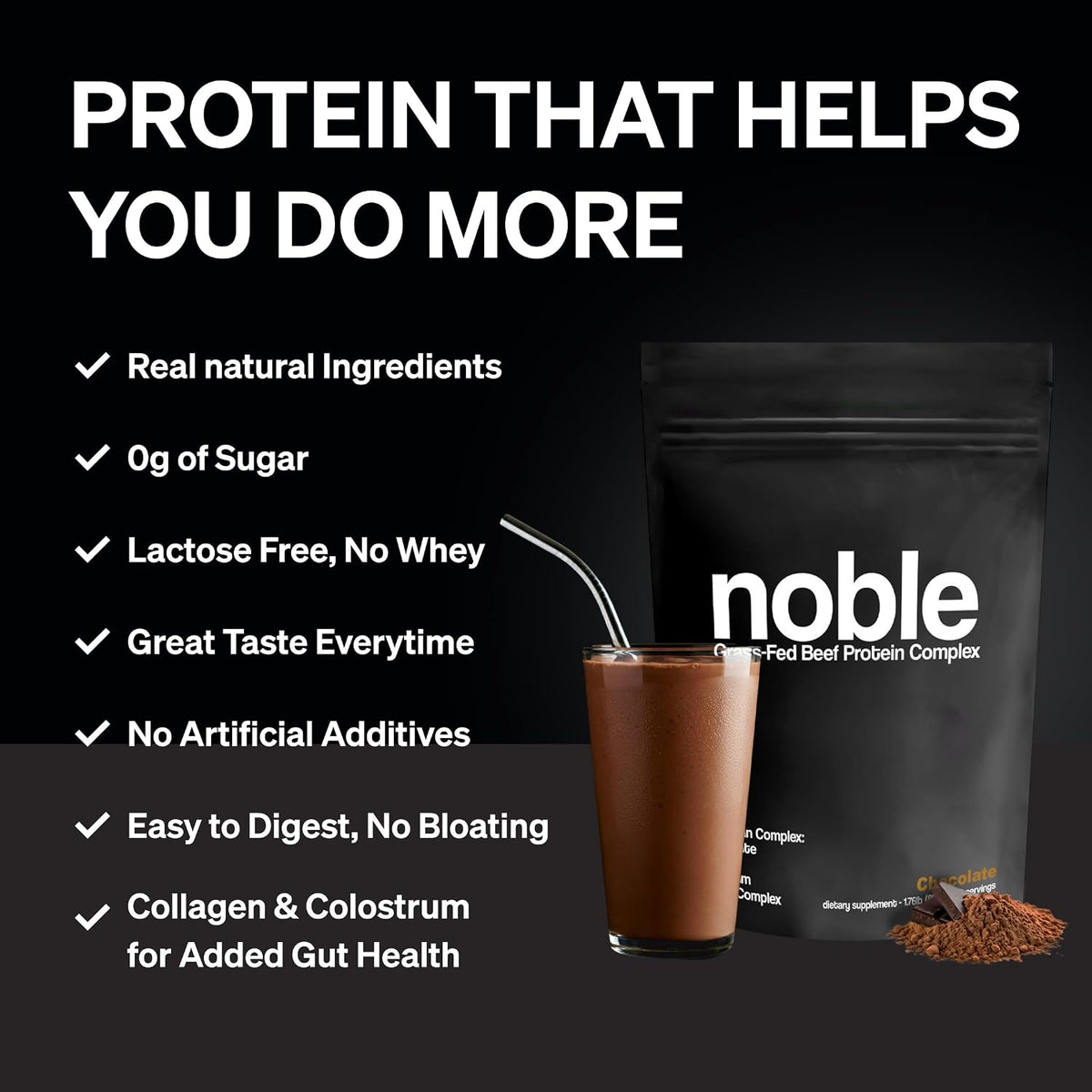 Noble All-in-One Chocolate Protein Powder, 21g Grass-Fed Beef Protein & Collagen, Colostrum & Organ Blend, Whey-Free, Seed Oil-Free, Zero-Carb, 30 Servings (1.75lbs) - görsel 5