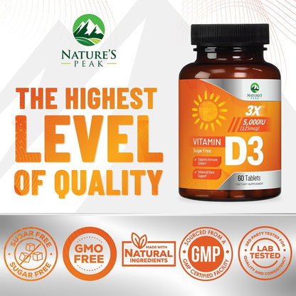 Vitamin D3 5000 IU (125 mcg) Chewable Tablets - Vegan, Gluten-free, Natural Raspberry Flavour - 60 Count