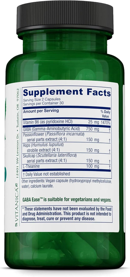 Vitanica GABA Ease - Calming Food Supplement with GABA, Vitamin B6, L-Theanine & Herbal Tonics - Vegan, 60 Capsules