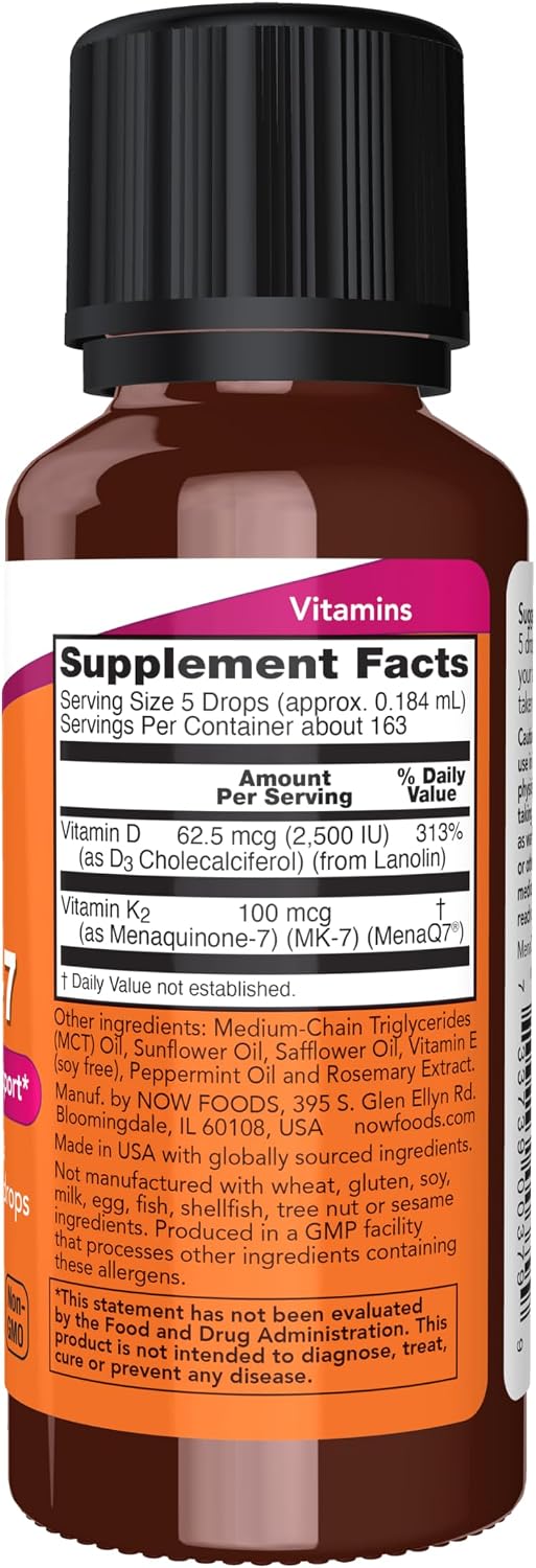 NOW Foods Liquid D-3 & MK-7, 2500 IU Vitamin D3 & 100 mcg Vitamin K2, 1 oz - görsel 2
