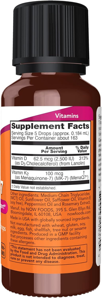 NOW Foods Liquid D-3 & MK-7, 2500 IU Vitamin D3 & 100 mcg Vitamin K2, 1 oz