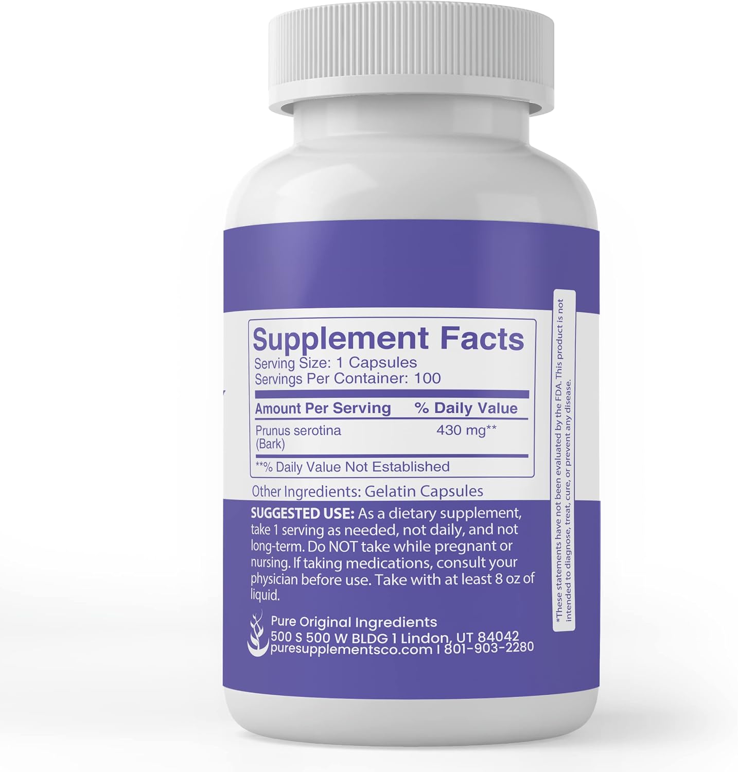 PURE ORIGINAL INGREDIENTS Wild Cherry Bark (100 Capsules), Always Pure, No Additives Or Fillers, Lab Verified - görsel 3