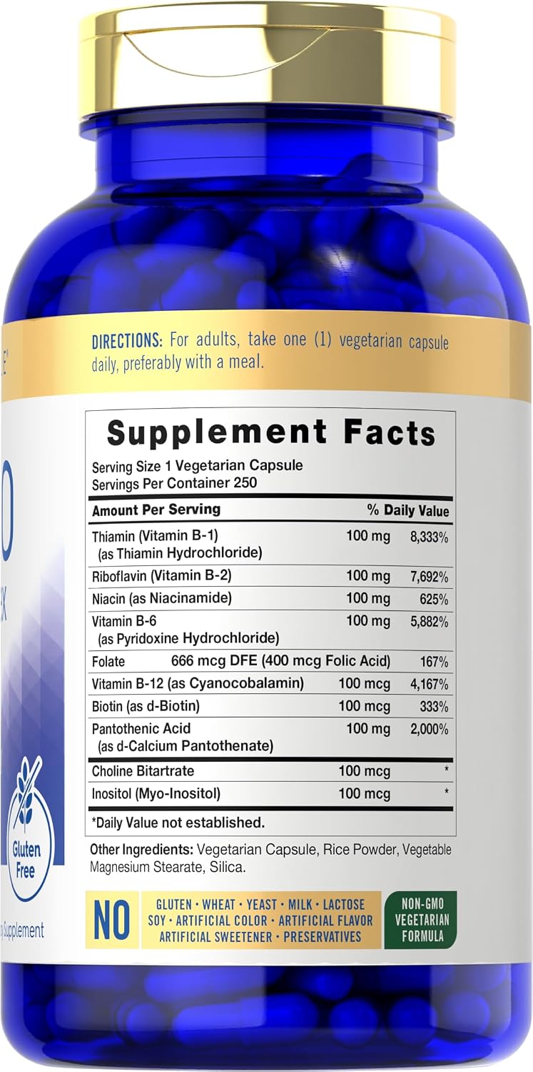 Carlyle B-100 Complex - High Potency B-Vitamin Supplement with B1, B2, B3, B6, B12, Biotin, Folic Acid & Inositol - 250 Vegetarian Capsules - görsel 2
