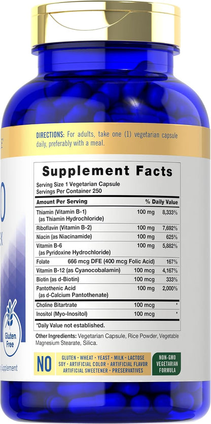 Carlyle B-100 Complex - High Potency B-Vitamin Supplement with B1, B2, B3, B6, B12, Biotin, Folic Acid & Inositol - 250 Vegetarian Capsules