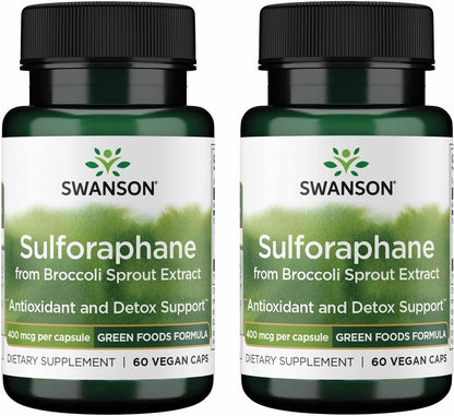 Swanson Sulforaphane Broccoli Sprout Extract - Standardised to 0.4% Sulforaphane (60 Vegan Capsules, 400 mcg, 2 Pack)