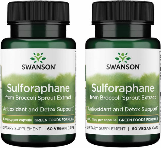 Swanson Sulforaphane Broccoli Sprout Extract - Standardised to 0.4% Sulforaphane (60 Vegan Capsules, 400 mcg, 2 Pack)