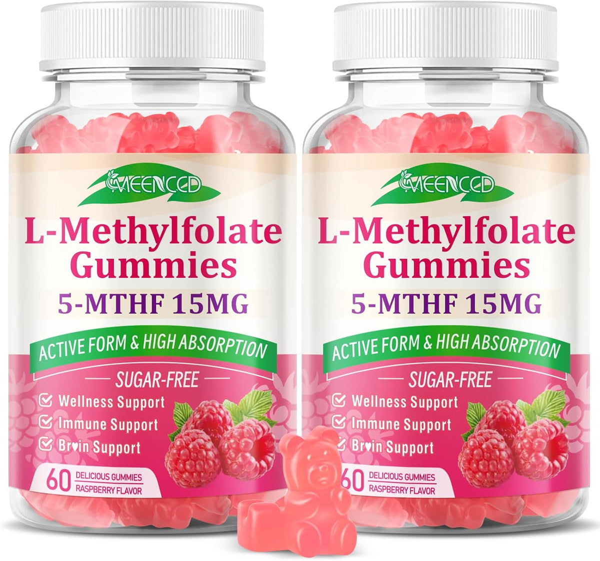 MEENCCD 2 Pack L-Methylfolate Gummies - Active 5-MTHF Supplement - Vegan, Raspberry Flavour (120 Count) - görsel 1
