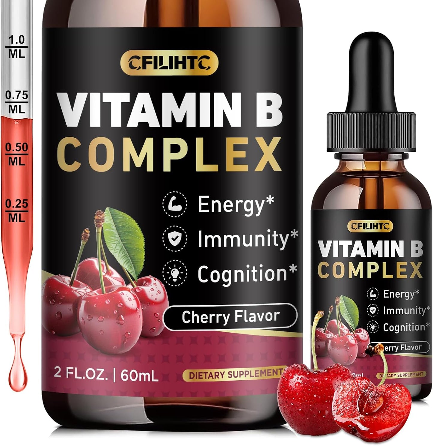 CFILIHTC Vitamin B Complex Liquid Drops – Methylated B12, Biotin, Cherry Flavour - görsel 1