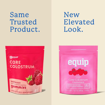 Equip Foods Core Bovine Colostrum Gummies - Delicious 1g Per Serving Grass Fed Colostrum Supplement - Gut Health, Immunity, Recovery, Hair & Skin - 60 Bovine Colostrum Gummies, 30 Servings, Raspberry