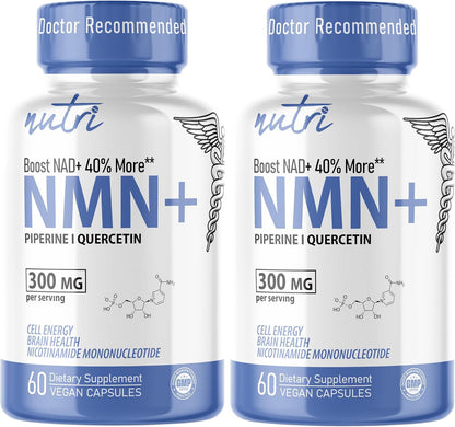 Nutri NMN Supplement 300mg - NAD+ Booster with Quercetin & Black Pepper - 120 Capsules (2-Pack)