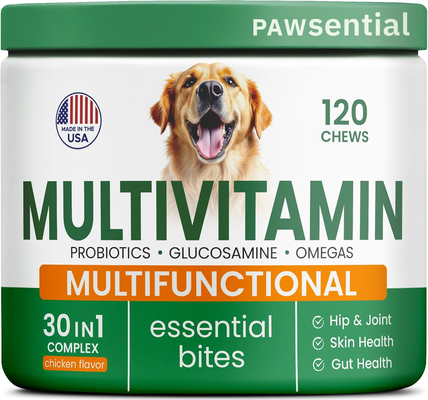 Dog Vitamins + Glucosamine - Chewable Multivitamins + Probiotics, Omega - Hip & Joint Support, Skin & Coat, Gut Health - Adult & Senior - Large & Small Breed - 120 Chews - görsel 1