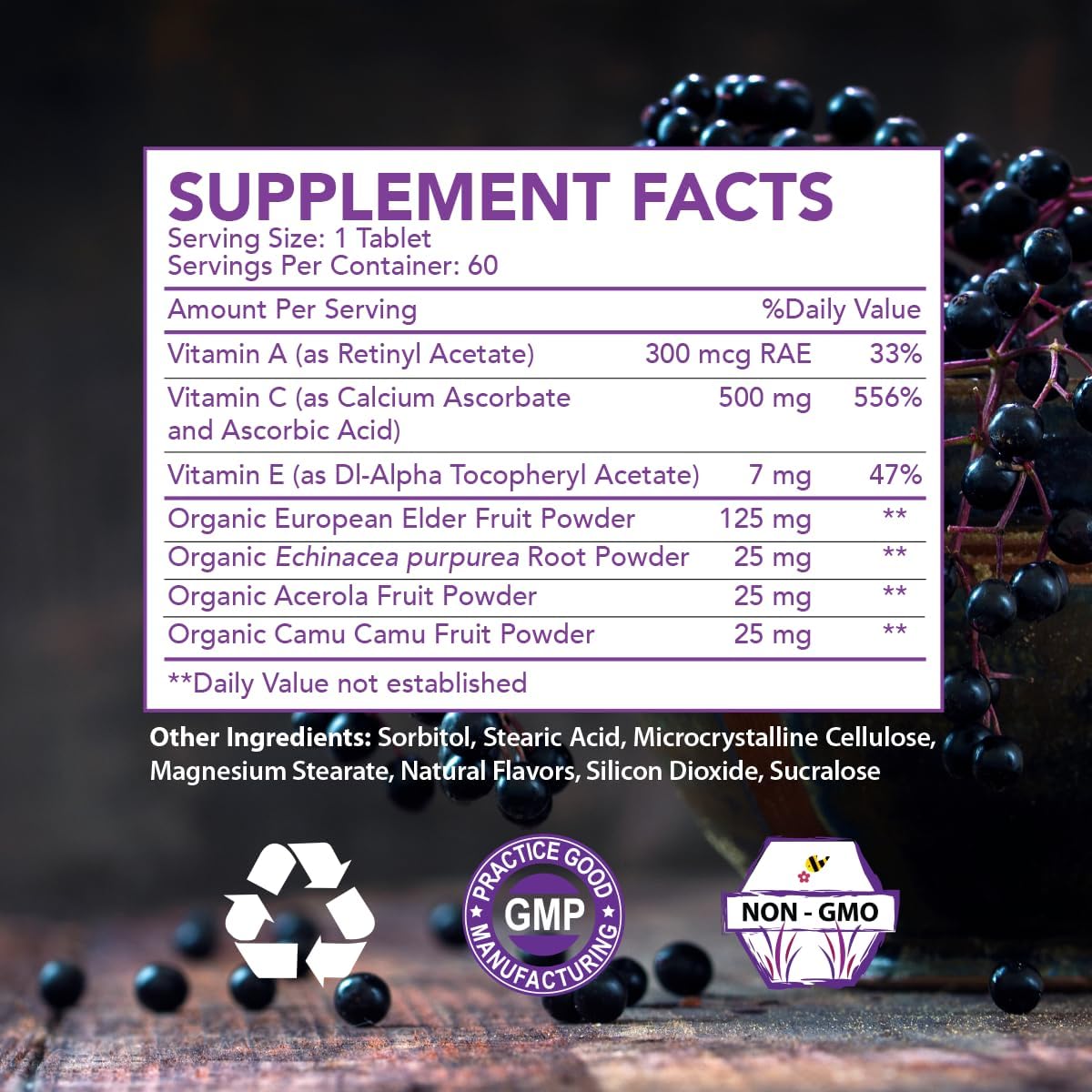 Elderberry Queen Chewable Vitamin C 500mg – Immune Boost & Antioxidant Support Tablets with Vitamin A, E & Organic Echinacea, Elder Fruit, Acerola – Natural Dietary Supplement, 60 Count - görsel 5