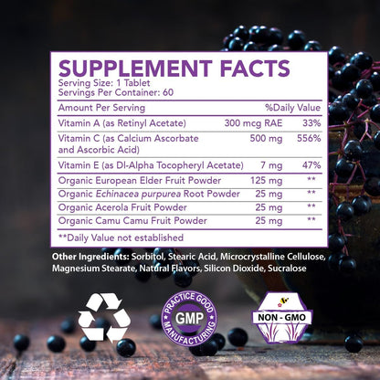 Elderberry Queen Chewable Vitamin C 500mg – Immune Boost & Antioxidant Support Tablets with Vitamin A, E & Organic Echinacea, Elder Fruit, Acerola – Natural Dietary Supplement, 60 Count