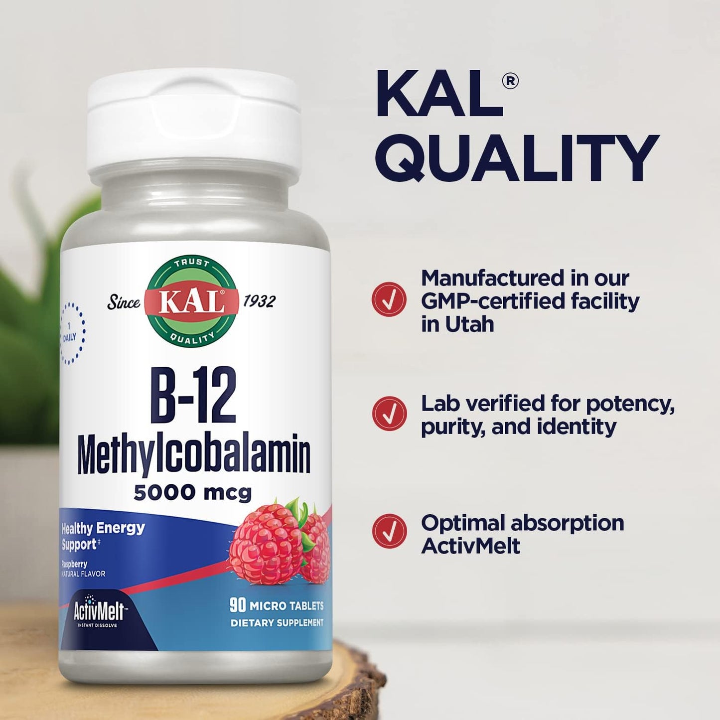 KAL Vitamin B12 Methylcobalamin 5000mcg ActivMelts - Fast Dissolve, Natural Raspberry Flavour, 90 Micro Tabs - görsel 5