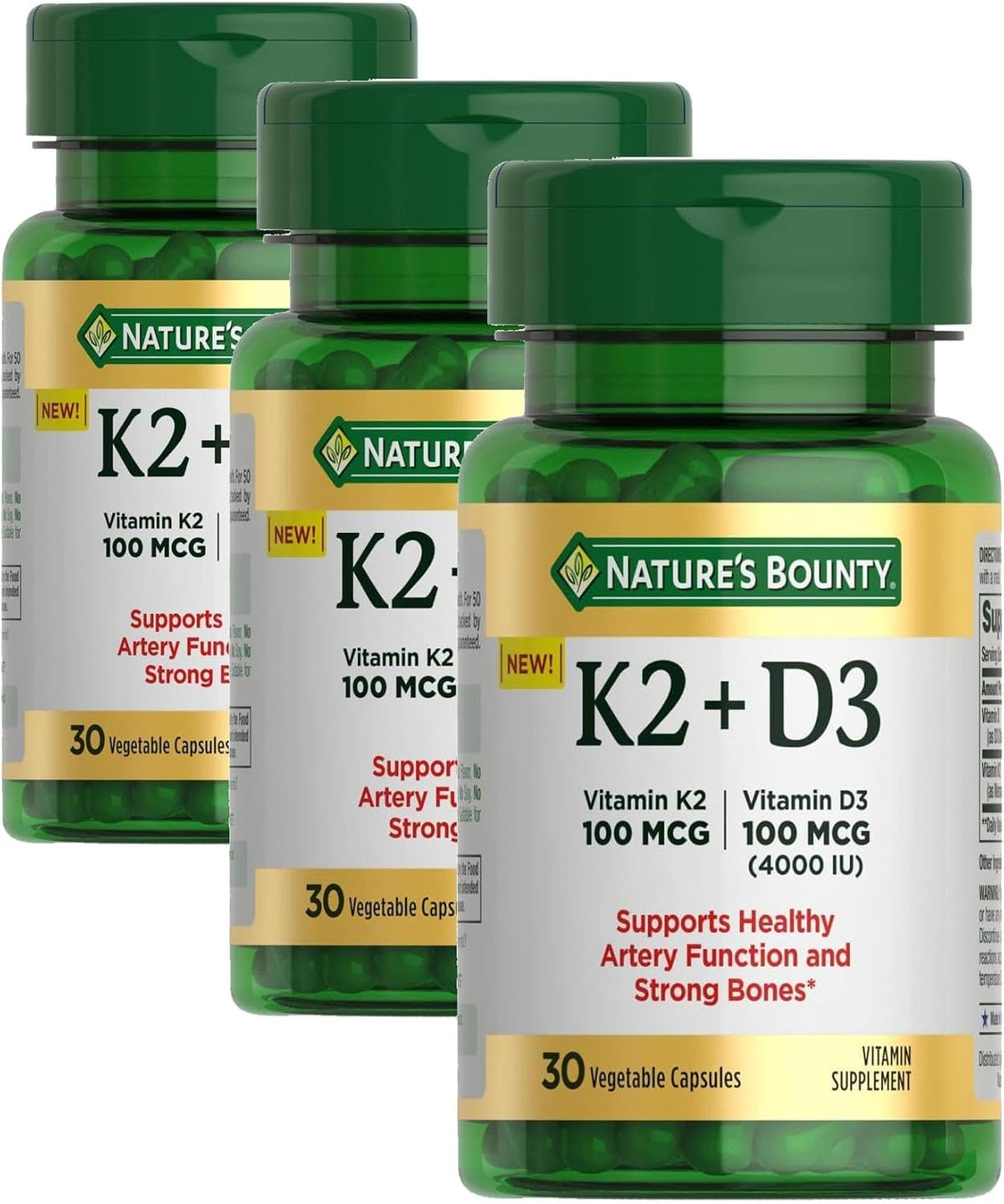 Nature's Bounty Vitamin D3 K2 Supplement, 4000 IU D3 + 100 mcg K2, 30 Vegetarian Capsules - görsel 7