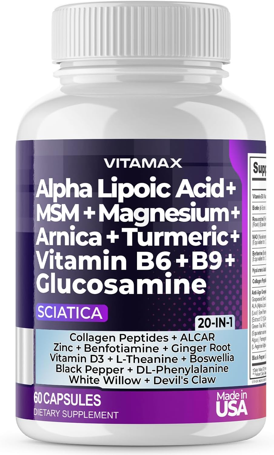 Sciatic Nerve Health Support – Supplement with Folic Acid, Glucosamine, MSM, Vitamin B Complex, Alpha Lipoic Acid – 60 Capsules - görsel 1