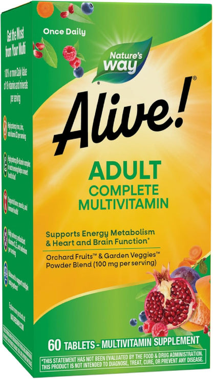 Nature's Way Alive! Adult Complete Multivitamin, B-Vitamins, 100mg Fruit & Veg Powder Blend, Gluten Free, 60 Tablets