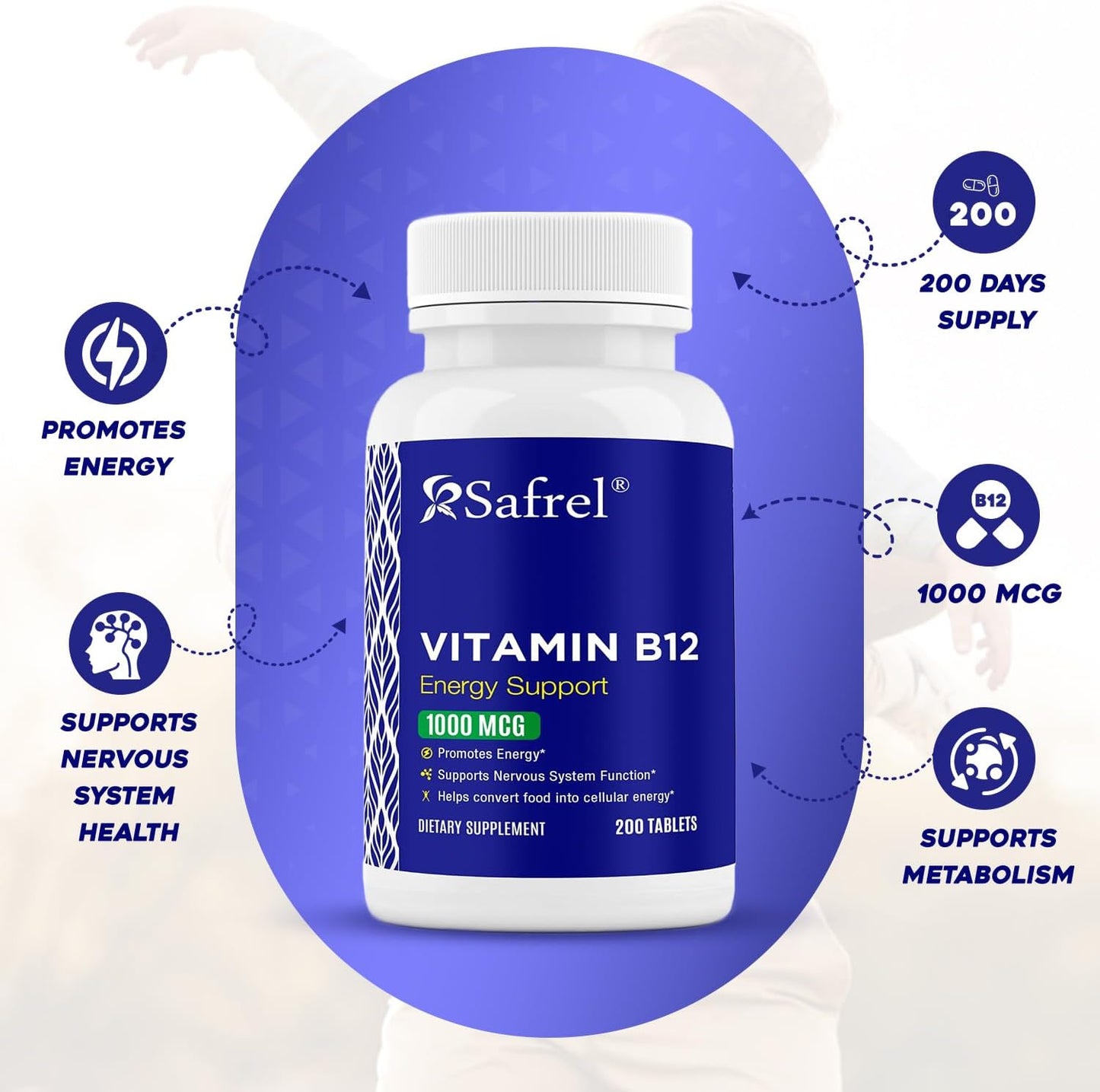Safrel Vitamin B12 1000 mcg Tablets – 200 Tablets – Vegan, Gluten-Free, Dye-Free - görsel 3