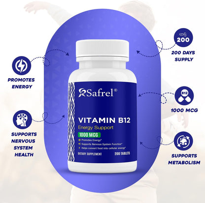 Safrel Vitamin B12 1000 mcg Tablets – 200 Tablets – Vegan, Gluten-Free, Dye-Free
