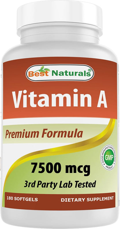 Best Naturals Vitamin A 25,000 IU (7,500 mcg), Non-GMO, 180 Softgels