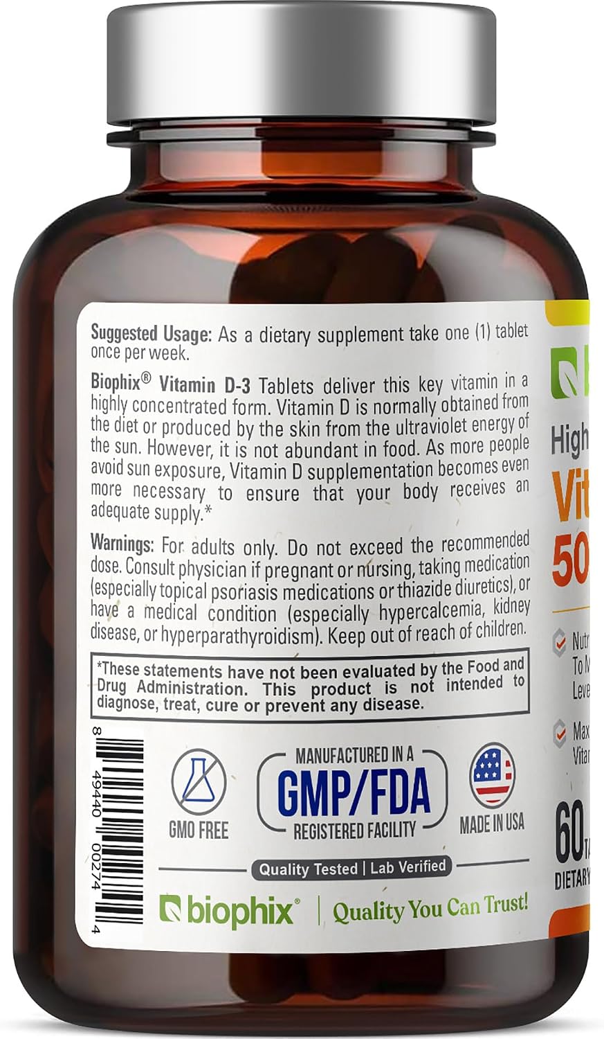 biophix Vitamin D-3 50000 IU 60 Tablets - High-Strength Support for Strong Bones and Immune Health - görsel 3