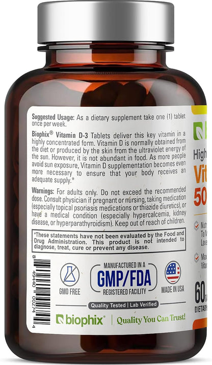 biophix Vitamin D-3 50000 IU 60 Tablets - High-Strength Support for Strong Bones and Immune Health