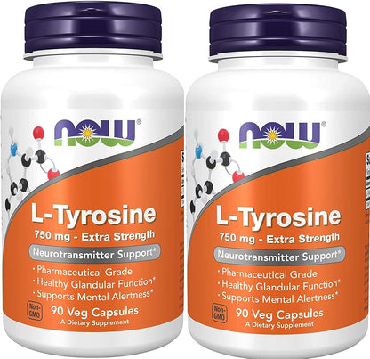 NOW Foods L-Tyrosine 750 mg, 180 Capsules (Pack of 2)