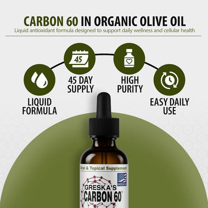 Greska's C60 in Organic Olive Oil - 45-Day Supply - Solvent-Free Carbon 60 Antioxidant