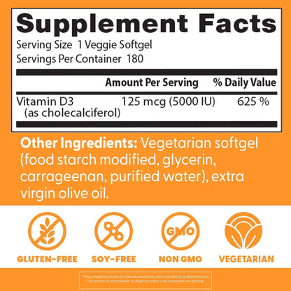 Doctor's Best Vitamin D3 5000 IU Soft gel capsule Capsules, 180 Vegetable Capsules