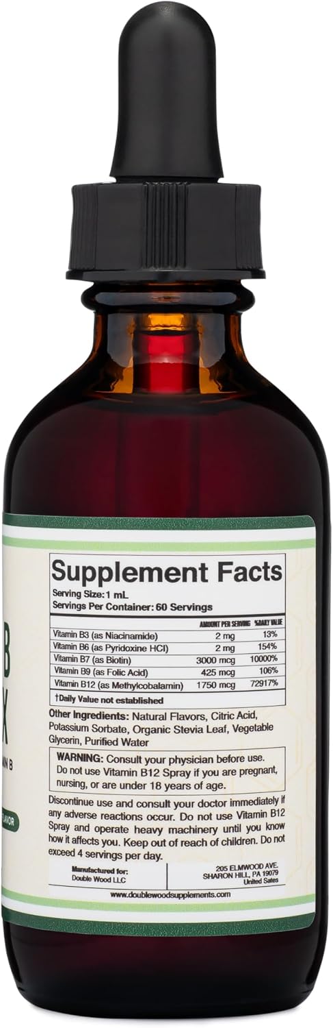 Double Wood Supplements Liquid Vitamin B Complex - 60 ml - 2 Month Supply - Maximum Absorption - B3, B6, B7 (Biotin), B9, and Vitamin B12 - Cherry Flavour - görsel 2