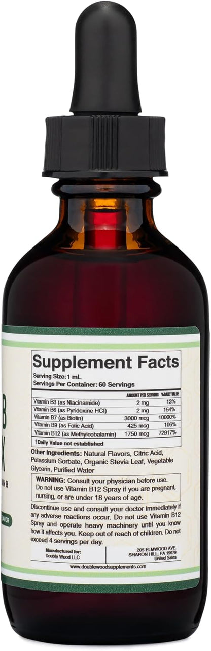 Double Wood Supplements Liquid Vitamin B Complex - 60 ml - 2 Month Supply - Maximum Absorption - B3, B6, B7 (Biotin), B9, and Vitamin B12 - Cherry Flavour