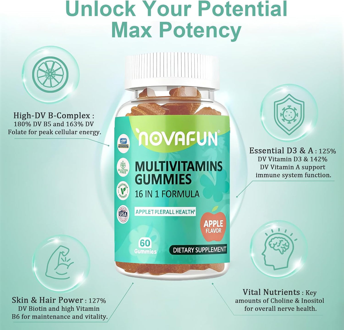 Multivitamin Gummies, 16-in-1 Multivitamin Supplement for Women, Men & Kids, Essential Vitamins & Minerals, Vegan, Sugar-Free, 60 Gummies - görsel 4