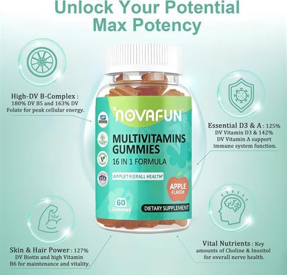 Multivitamin Gummies, 16-in-1 Multivitamin Supplement for Women, Men & Kids, Essential Vitamins & Minerals, Vegan, Sugar-Free, 60 Gummies