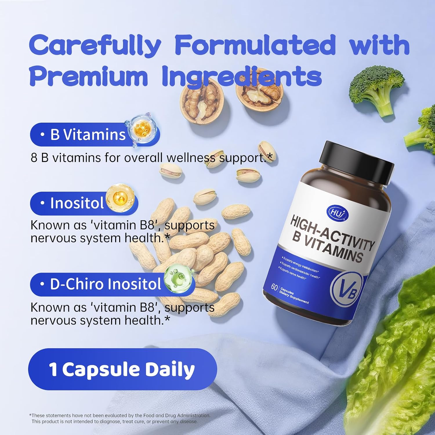 HUJ High-Activity B Vitamins – Contributes to Normal Energy Metabolism and Nervous System Function – Food Supplement with 8 B Vitamins, Inositol and D-Chiro Inositol – 60 Capsules - görsel 6