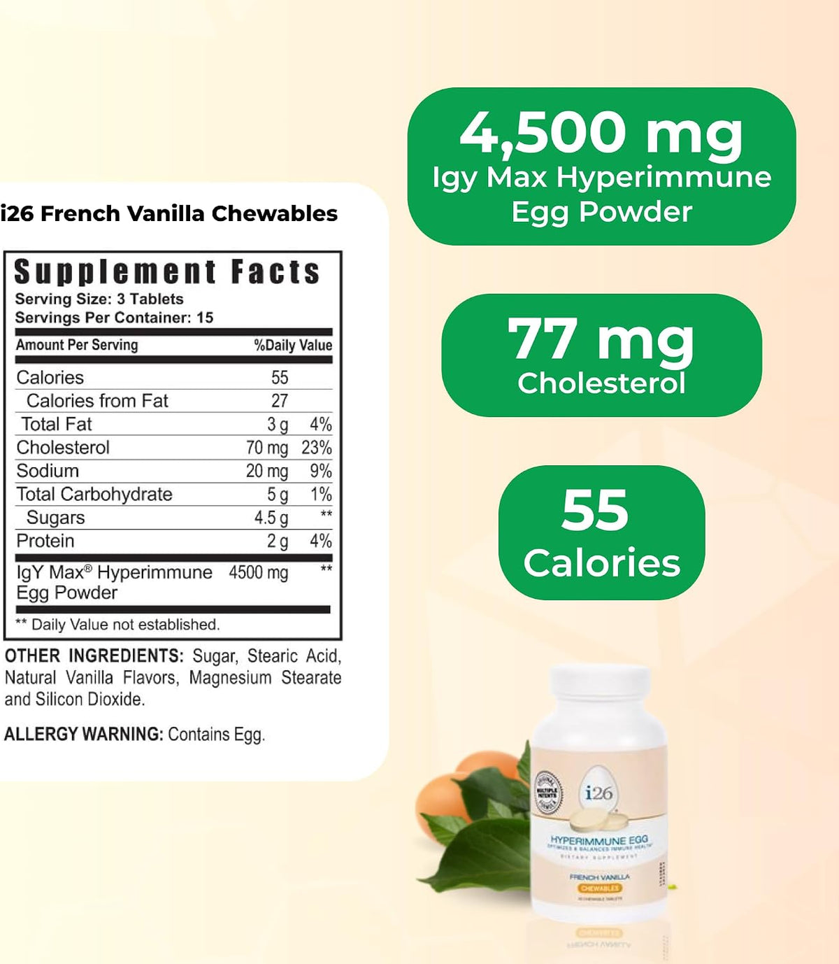 Youngevity i26 Hyperimmune Egg IgY Max French Vanilla Chewable Tablets - Bone, Gut & Immune Support (45 Count) - görsel 3