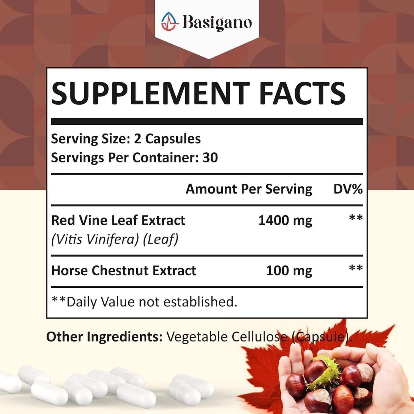 Basigano Red Vine Leaf & Horse Chestnut Extract Capsules 1500mg - Circulation, Vein, and Leg Support - görsel 2