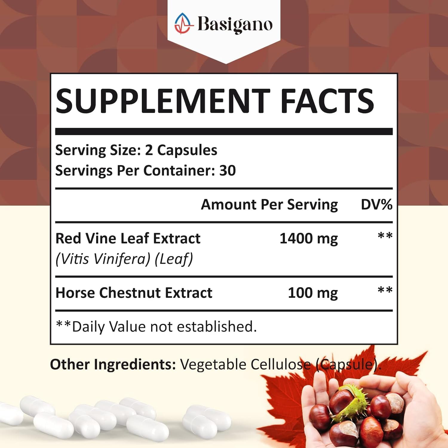 Basigano Red Vine Leaf & Horse Chestnut Extract Capsules 1500mg - Circulation, Vein, and Leg Support - görsel 2