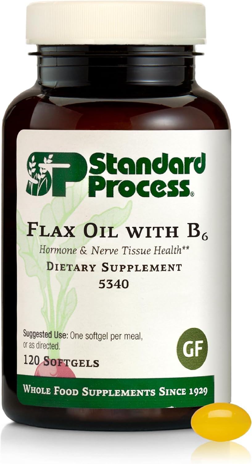 Standard Process Inc. Flax Oil with B6 – Supplement for Hormone and Nerve Tissue Support – Brain, Heart and Skin – Gluten‑Free, Non‑Dairy and Non‑Soya – 120 Softgels - görsel 1