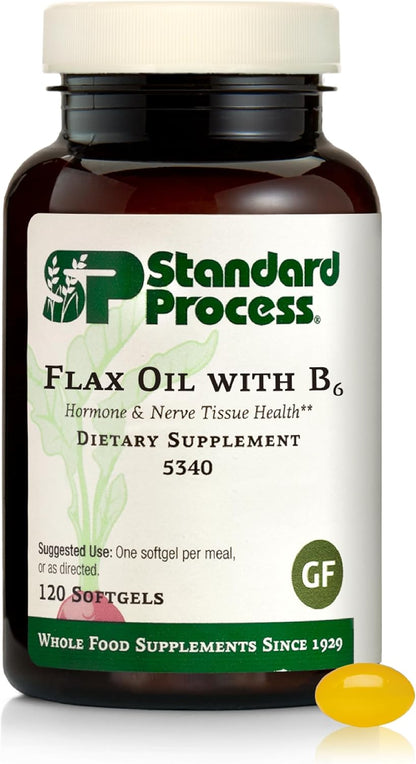 Standard Process Inc. Flax Oil with B6 – Supplement for Hormone and Nerve Tissue Support – Brain, Heart and Skin – Gluten‑Free, Non‑Dairy and Non‑Soya – 120 Softgels
