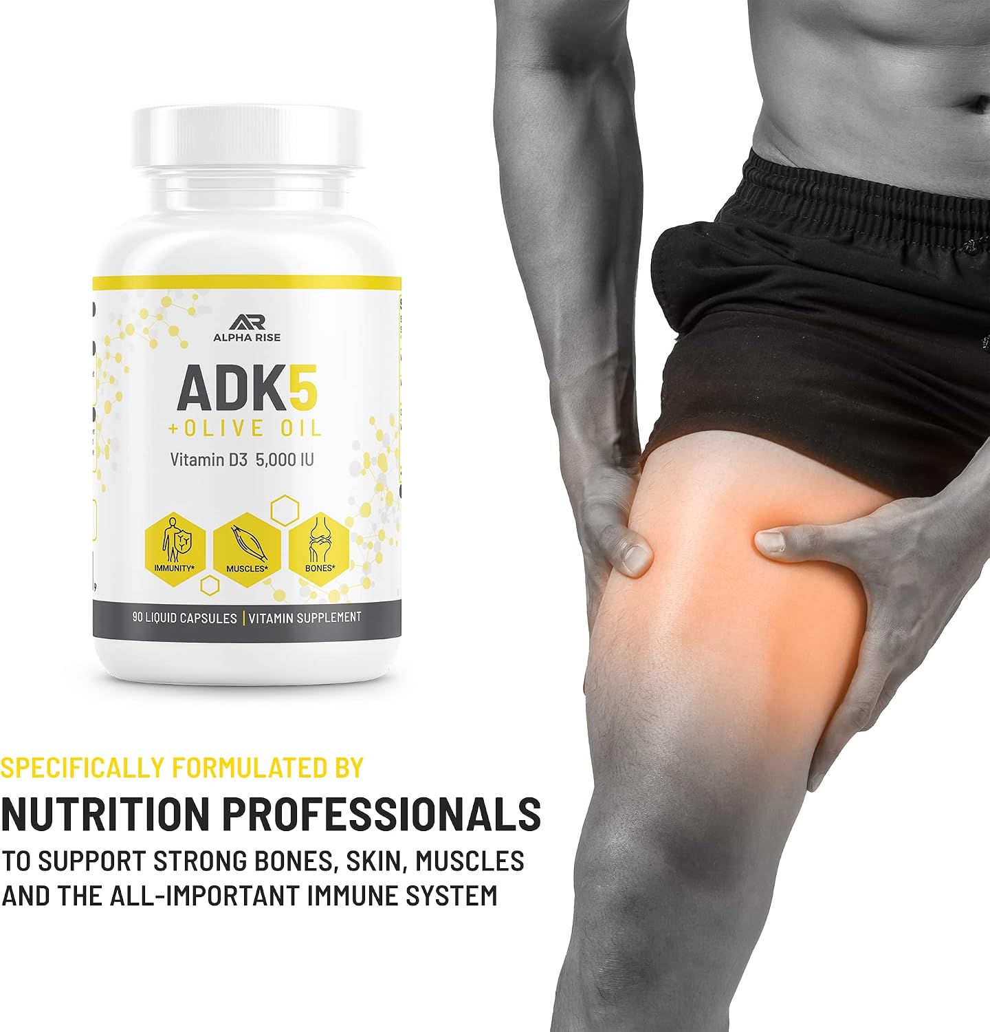 ALPHA RISE ADK Vitamin Supplement - 5000 IU Vitamin D3 + K2 (MK7 & MK4) with Olive Oil - 90 Liquid Capsules - Non-GMO, Vegetarian - görsel 6