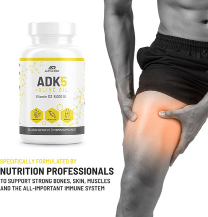 ALPHA RISE ADK Vitamin Supplement - 5000 IU Vitamin D3 + K2 (MK7 & MK4) with Olive Oil - 90 Liquid Capsules - Non-GMO, Vegetarian