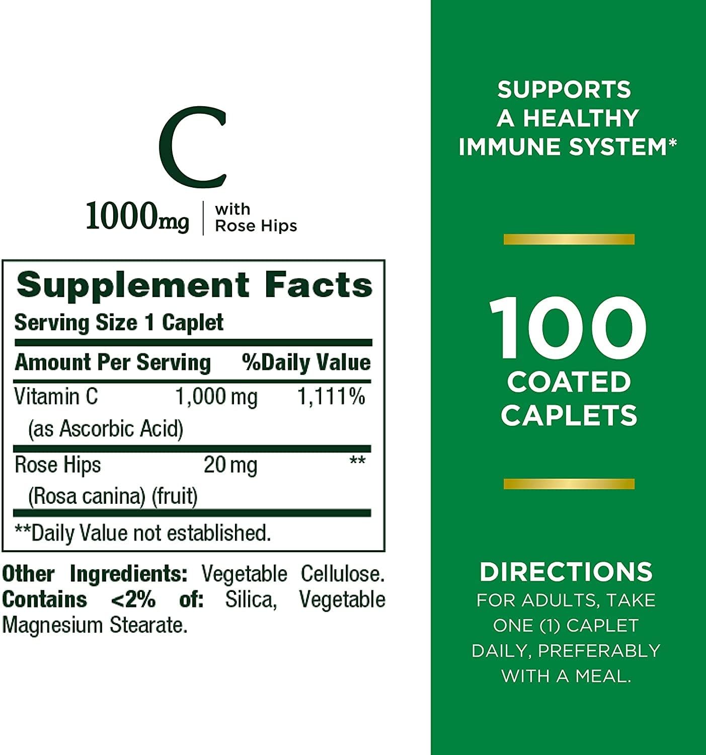 Nature's Bounty Vitamin C + Rose Hips, Immune Support, 1000mg, Coated Caplets, 100 Count (Pack of 2) - görsel 2