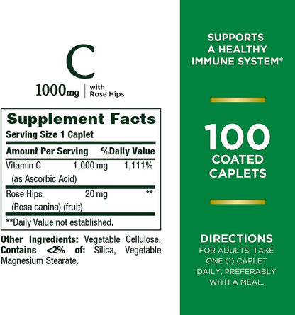 Nature's Bounty Vitamin C + Rose Hips, Immune Support, 1000mg, Coated Caplets, 100 Count (Pack of 2)